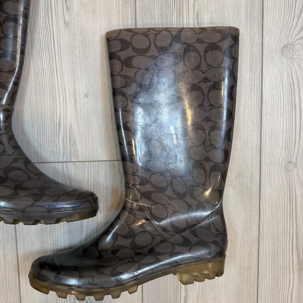 Coach Pixy Gold Brown Monogram Rubber Rain Waterproof Tall Boots Womens 10